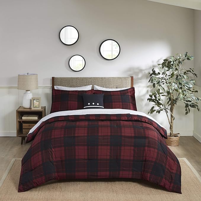 Madison Park Essentials Cozy Bed in A Bag - Reversible Comforter with Complete Sheet Set, Casual Plaid Cabin Design, All Season Cover, Decorative Pillow, Everest Plaid Red Twin(68"x86") 6 Piece