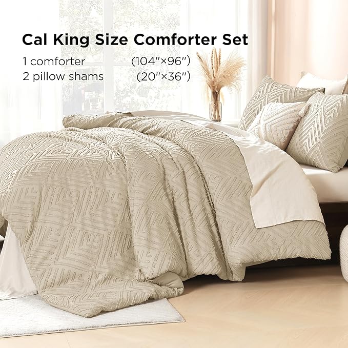 Litanika California King Comforter Set Khaki, 3 Pieces Tufted Boho Farmhouse Bedding Comforter Sets, Lightweight Fluffy Comforter Bed Set All Season (104x96In Comforter & 2 Pillowcases)