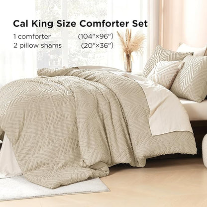 Litanika California King Comforter Set Khaki, 3 Pieces Tufted Boho Farmhouse Bedding Comforter Sets, Lightweight Fluffy Comforter Bed Set All Season (104x96In Comforter & 2 Pillowcases)
