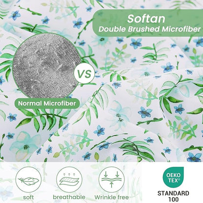 Softan Green Floral Full Sheet Set, Cozy Botanical Microfiber Printed Fitted Bed Sheet with 15" Deep Pockets & Non-Slip Straps, Fresh Greenery Blooms Patterned Sheets & Pillowcase Set