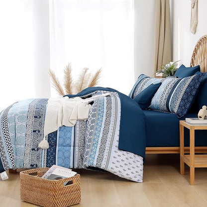 Boho Comforter Set King Size,8 Pieces Navy Blue Bohemian Striped Bed in a Bag,Paisley Soft Microfiber Bedding Comforter Set