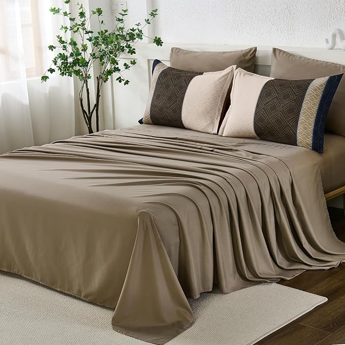 Dinjoy Navy Brown King Size Comforter Set,Striped Boho Bed in a Bag King 7 Pieces Soft Fall Bedding Comforters Sets wiht Sheets Microfiber Complete Bed Sets for All Season