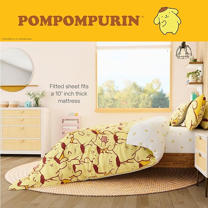 Sanrio Pompompurin Bedding Set, Twin Size 5 Piece Set Kids Super Soft Cozy Reversible Comforter and Sheet Set with Sham, (100% Officially Licensed Product) by Franco