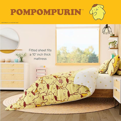 Sanrio Pompompurin Bedding Set, Twin Size 5 Piece Set Kids Super Soft Cozy Reversible Comforter and Sheet Set with Sham, (100% Officially Licensed Product) by Franco