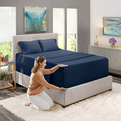 Nestl Queen Size Sheet Set, 4 Piece Extra Deep Pocket (18-24 inches), Microfiber, Cooling, Hotel Luxury, Soft, Breathable, Wrinkle-Free, Easy to Care, Navy Blue