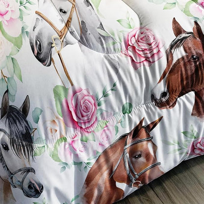 Horse and Flower Comforter Set for Girls Kids Horse and Floral 3 Piece Bedding Set Twin Floral Lightweight Comforter Down Alternative with 2 Pillowcases All Seasons