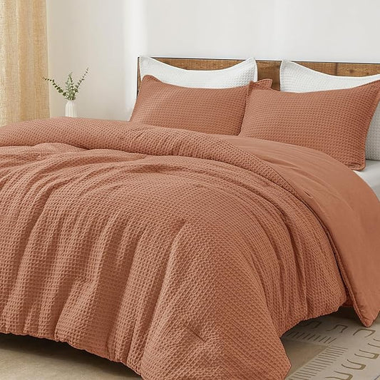 PHF Ultra Soft Waffle Weave Comforter Set Queen Size, 3 Pieces Lightweight Breathable Comfy Bedding Set, Comfy Textured 1 Comforter with 2 Pillow Shams, Terra Cotta