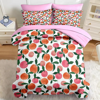 Nesker Comforter Set Full Size, Floral Pink Peach 7 Pcs Bedding for Kids and Adults, Sweet Fruit Vintage Bed Sheet Sets with Fitted Sheet 2 Pillowcases & 2 Shams