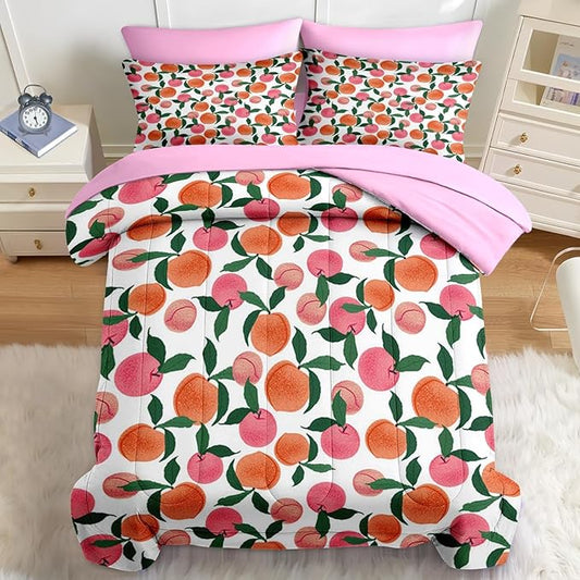 Nesker Comforter Set Twin Size, Floral Pink Peach 5 Pcs Bedding for Kids and Adults, Sweet Fruit Vintage Bed Sheet Sets with Fitted Sheet Pillowcase & Sham