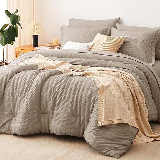 CozyLux Queen Comforter Set Khaki Seersucker 7 Pieces Bed in a Bag Queen Comforter Set with Sheets, Luxury Soft Bedding Sets with Down Alternative Comforter, Sheets, Pillowcases & Shams for All Season