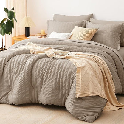 CozyLux Queen Comforter Set Khaki Seersucker 7 Pieces Bed in a Bag Queen Comforter Set with Sheets, Luxury Soft Bedding Sets with Down Alternative Comforter, Sheets, Pillowcases & Shams for All Season