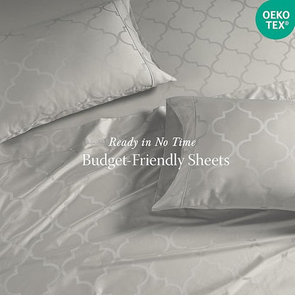 Threadmill Cotton Twin Sheet Set | 100% Cotton Sheets | Damask Jacquard Sateen Sheets Set with 16” Deep Pocket 3-Piece Cooling Sheet Set | Light Grey