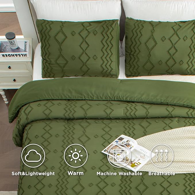 Andency Olive Green Tufted Comforter Set Twin(66x90Inch), 2 Pieces Boho Textured Farmhouse Bedding, Soft Microfiber Down Alternative Geometric Bed Set