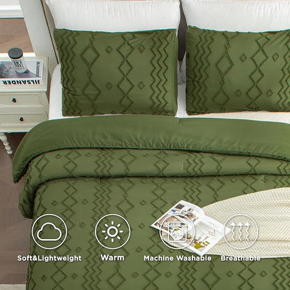Andency Olive Green Tufted Comforter Set Queen(90x90Inch), 3 Pieces(1 Boho Comforter, 2 Pillowcases) Textured Farmhouse Bed, Soft Microfiber Down Alternative Geometric Bedding Set