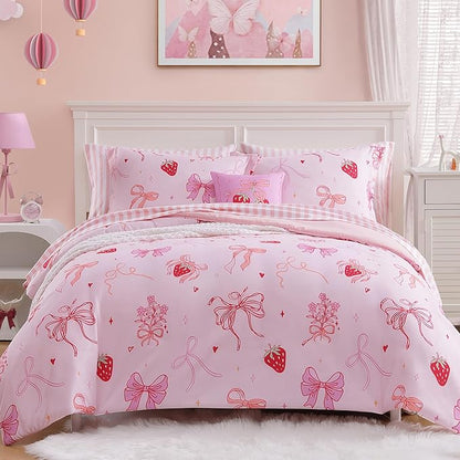 Twin Comforter Set for Girls-5 Pieces Pink Bow Twin Bedding Sets for Kids, Ultra Soft Bed in A Bag with Sheets