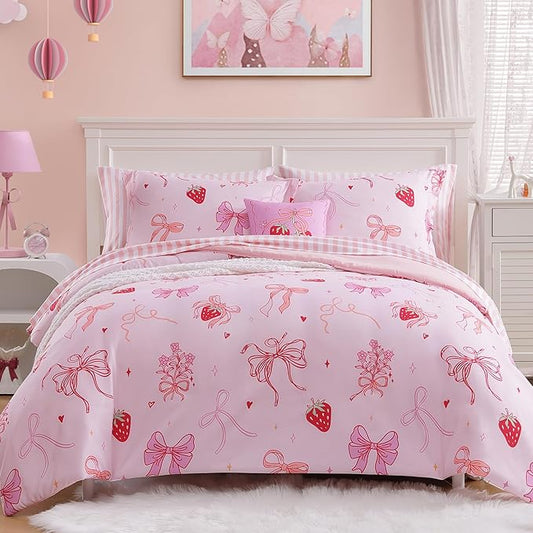 Twin Comforter Set for Girls-5 Pieces Pink Bow Twin Bedding Sets for Kids, Ultra Soft Bed in A Bag with Sheets