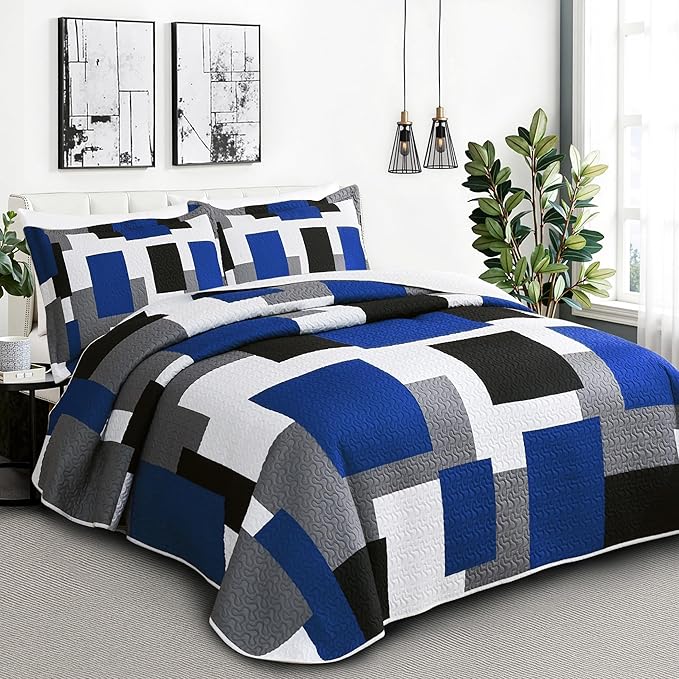 3 Piece Blue White Grey Quilt Set King Size Black White Geometric Reversible Bedding Set Microfiber Lightweight Bedspread Coverlet with 2 Shams Modern Bed Covers for All Season, 106''x96''
