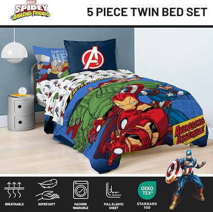 Jay Franco Kids Comforter Set Includes Sheets and Pillow Covers - Soft and Cozy Bed Set for Stylish Room Decor, Official Licensed Bedding, Blue - Avengers, 5 Piece Twin