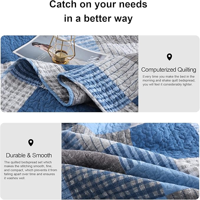 PANGUSHAN Quilts Set Queen Size,100% Cotton Patchwork Plaid Quilt Bedding Set,Blue/Navy Blue Reversible Bedspreads,Farmhouse Lightweight Comforter Set Bed Spread for All Season,3 Pieces
