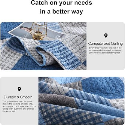 PANGUSHAN Quilts Set Queen Size,100% Cotton Patchwork Plaid Quilt Bedding Set,Blue/Navy Blue Reversible Bedspreads,Farmhouse Lightweight Comforter Set Bed Spread for All Season,3 Pieces