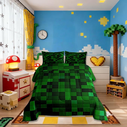 Pixelated Miners Game Kids Bedding Set King Size,Geometric Check Video Games Comforter Set,Gamepad Grid Gaming Quilt Comforter,Dark Green Bedroom Duvet Insert,2 Pillowcases