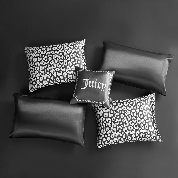 Juicy Couture Modern Black Leopard Satin King Comforter Set - Luxury Bed in a Bag – Soft & Stylish 8-Piece Bedding Collection