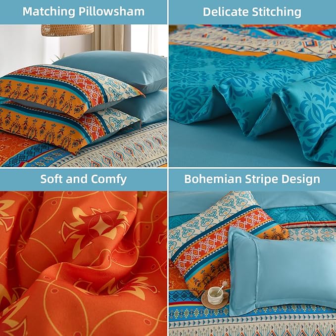 Boho Comforter Set Queen Size,7 Pieces Bohemian Comforter Bedding Set Bed in a Bag,Teal Paisley Floral Comfortet and Sheet Set,Soft Microfiber Striped Bedding Sets for All Season