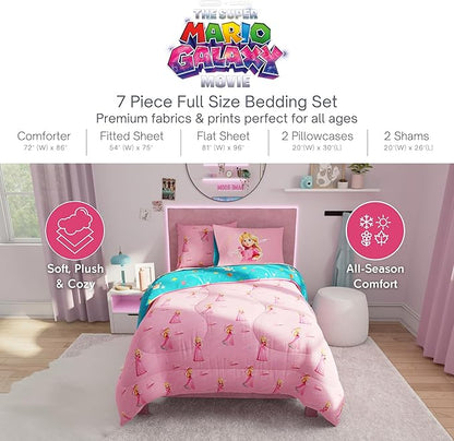 The Super Mario Galaxy Movie Bedding Set, Full Size 7 Piece Set Kids Super Soft Cozy Reversible Comforter and Sheet Set with Sham, Princess Peach (100% Officially Licensed Product) by Franco