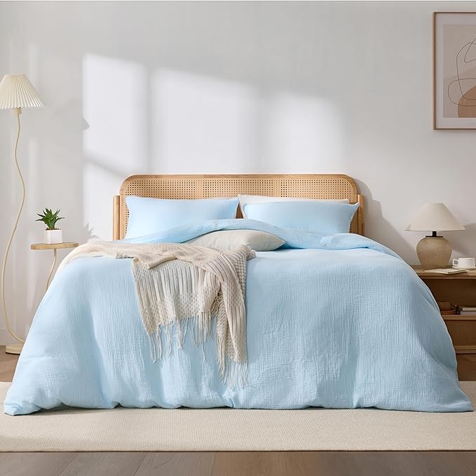Blue Duvet Cover King, 100% Sandwashed Cotton Soft King Size Duvet Cover Set 3 Pieces with Zipper Clousre & Corner Buttons (Blue, King 104 x 90)