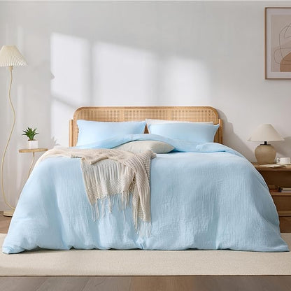 Blue Duvet Cover King, 100% Sandwashed Cotton Soft King Size Duvet Cover Set 3 Pieces with Zipper Clousre & Corner Buttons (Blue, King 104 x 90)
