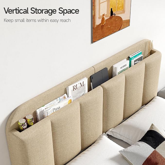 Adjustable Headboard for Full/Queen Size Bed Frame, Linen Fabric Bed Headboard with Storage & RGB LED Light in Modern Vertical Channel Design, Beige