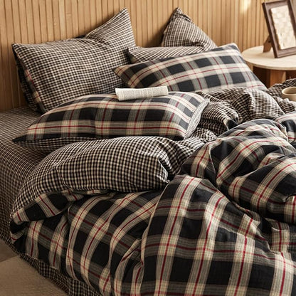 EAVD Vintage Style Red&Black Plaid Duvet Cover Full Soft 100% Cotton Muslin Retro Red Green Black Grid Checkered Bedding Set with 2 Pillowcases Reversible Gingham Duvet Cover with Zipper Closure