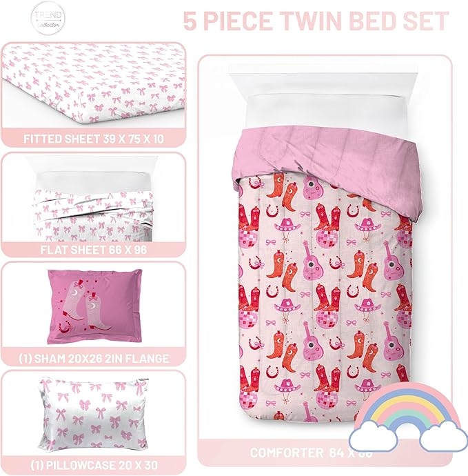 Jay Franco Kids Comforter Set Includes Sheets and Pillow Covers - Soft and Cozy Bed Set for Stylish Room Decor, Pink, Cowgirl Boots & Bows 5 Piece Twin Size Bedding