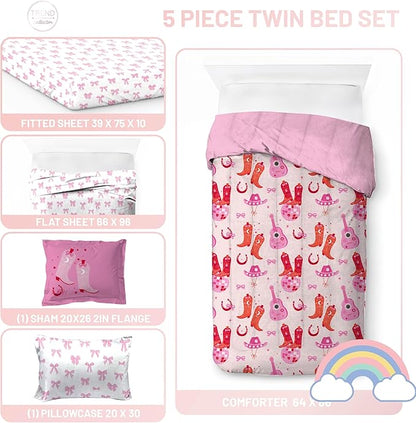 Jay Franco Kids Comforter Set Includes Sheets and Pillow Covers - Soft and Cozy Bed Set for Stylish Room Decor, Pink, Cowgirl Boots & Bows 5 Piece Twin Size Bedding