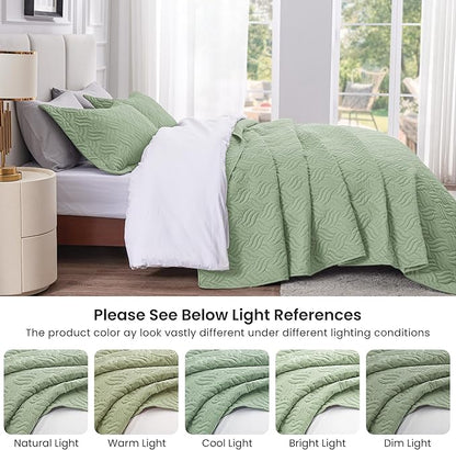 Love's cabin California King Size Quilt Bedding Set Sage Bedspread - Cal King Summer Lightweight Bedspread Comforter - Wave Pattern Coverlet for All Season - 3 Pieces (1 Quilt, 2 Pillow Shams)