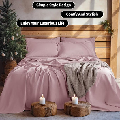 LBRO2M 100% Pure Linen Sheet Set Deep Pocket Up to 16" Bed Sheets Sets, Natural Flax Beddings Soft, Breathable, Comfortable for All Seasons 6 Pcs Sheet Set Cal King Size, Embroidery Purple