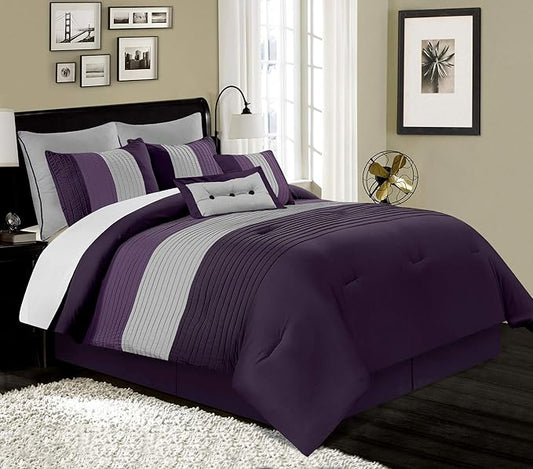 Chezmoi Collection Loft 8-Piece Luxury Striped Comforter Set (Queen, Purple/Gray/Lavender)