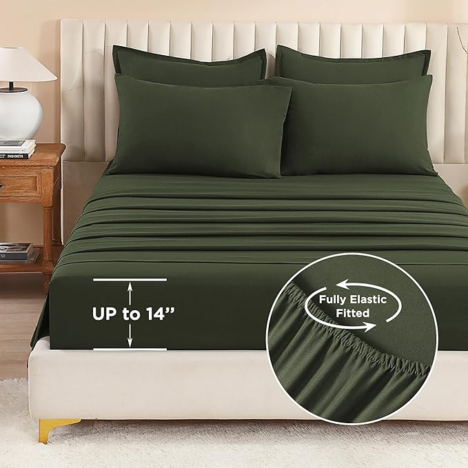 Litanika Dark Olive Green King Size Comforter Set - 7 Pieces Bed in a Bag King Bedding Comforter Sets, Plain Lightweight Bed Set with Comforter, Sheets, Pillowcases & Shams