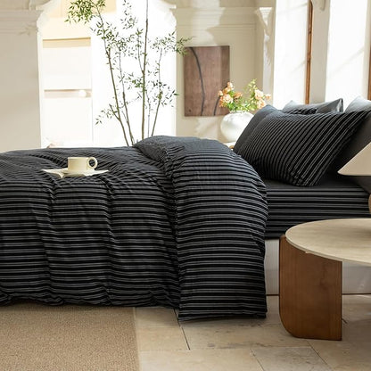 Striped Duvet Cover Set 100% Washed Cotton Linen Like Soft Feelling Breathable Bedding(Strip-Black/White,Twin)