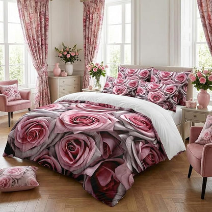 Pink Floral Comforter Set Queen Size for Women, Light Pink Rose Mirofiber Bedding Set for Victorian Romantic Bedroom Decor - 3Pieces 1 Comforter(90 * 90) & 2 Pillowcases