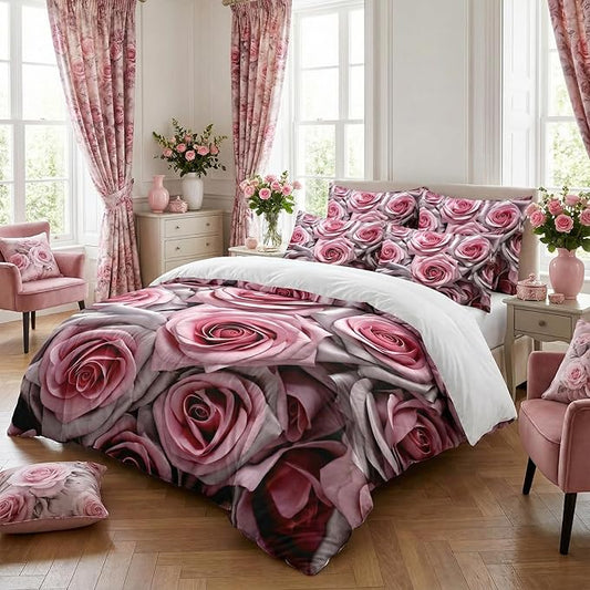 Pink Floral Comforter Set Queen Size for Women, Light Pink Rose Mirofiber Bedding Set for Victorian Romantic Bedroom Decor - 3Pieces 1 Comforter(90 * 90) & 2 Pillowcases