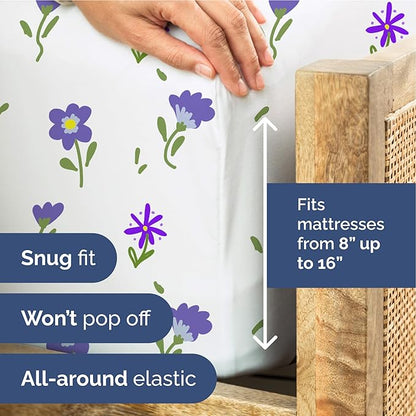 Floral Sheets - Purple Floral Bed Sheet Set - 1 Flat, 1 Fitted & 2 Pillowcases w/ Deep Pockets - Comfy, Wrinkle & Fade Free - Boho Botanical Bedding - Ultra-Soft, Breathable & Cooling - King Size Set