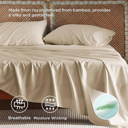 Bedsure Full Size Bed Sheets, Cooling Sheets, Rayon Derived from Bamboo, PureWoven, Breathable & Soft, Deep Pocket Up to 16 Inches, Hotel Luxury Silky Bedding for Hot Sleepers, Beige