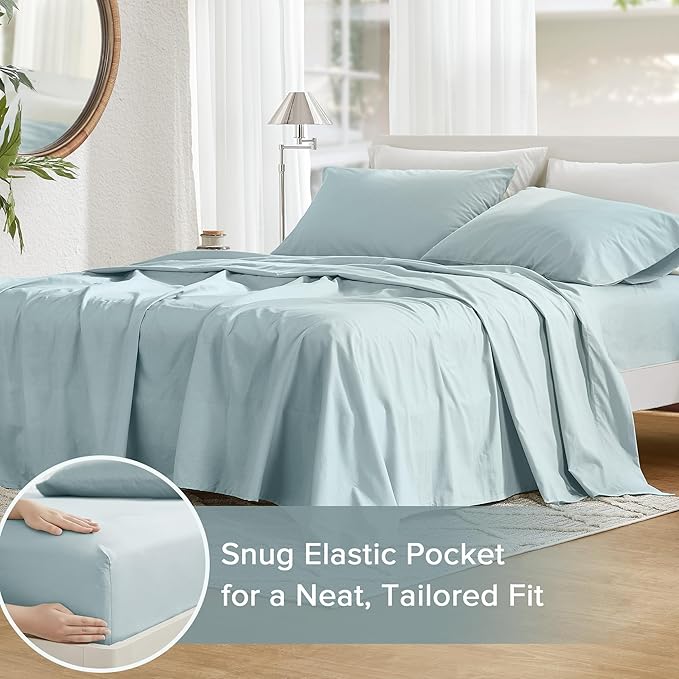 Comfort Spaces 100% Cotton Sheets Full, Breathable, Ultra Soft Cotton Sheets, Naturally Cool Cotton Bed Sheets with 14" Elastic Pocket Fits up to 16" Mattress, All Season Sheet Set, Light Blue 4 Piece