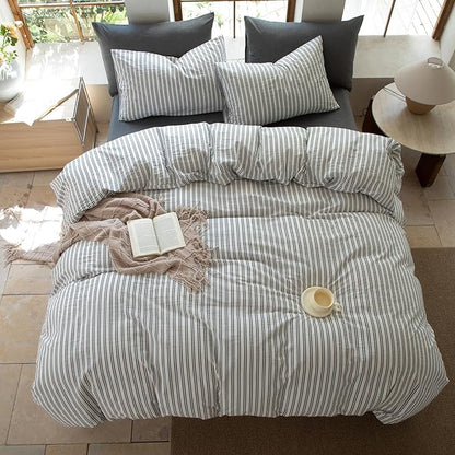 Striped Duvet Cover Set,100% Washed Cotton Line Like Breathable Trendy Bedding Set(Strip-White/Black,Twin)