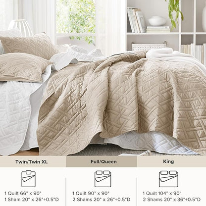 Comfort Spaces Queen Quilt Set Modern Reversible Diamond Coverlet Queen Bedding Set Cozy Quilted Winter Layer, All Season Lightweight Soft Queen Size Quilt, Kienna, Full/Queen Beige Diamond 3 Piece