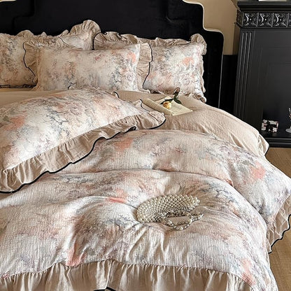 VM VOUGEMARKET Muslin Cotton Duvet Cover Set King Shabby Pink Flower Duvet Cover with Ruffles Soft Linen Like Gauze Comforter Cover with Zip Closure and Corner Ties- 104"x90"