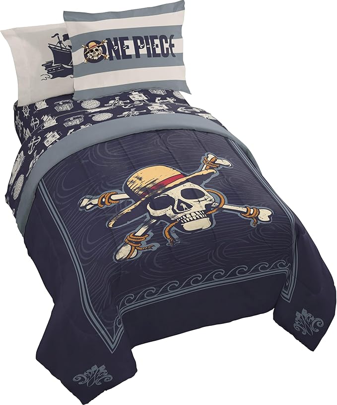 Jay Franco One Piece Full Size Comforter Set - 7 Piece Blue Bedding Includes Sheet Set & Pillow Covers - Super Soft Anime Bedding with Skull and Bones