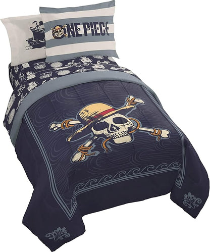 Jay Franco One Piece Full Size Comforter Set - 7 Piece Blue Bedding Includes Sheet Set & Pillow Covers - Super Soft Anime Bedding with Skull and Bones
