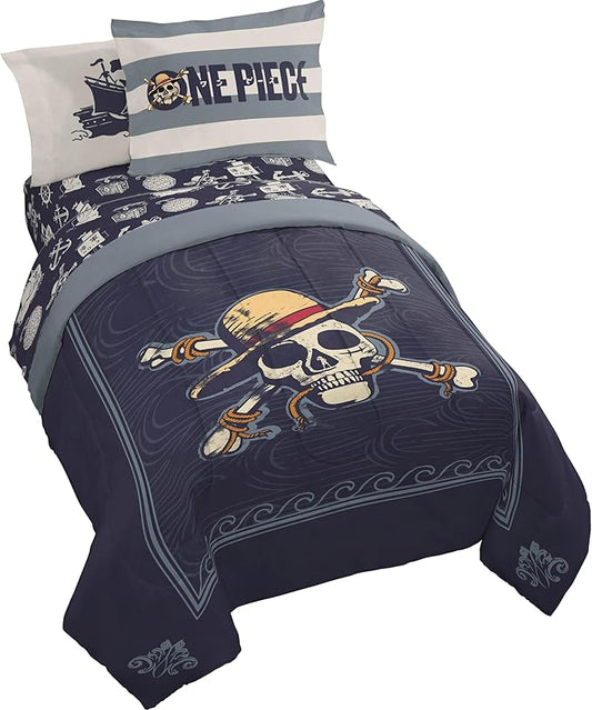 Jay Franco One Piece Full Size Comforter Set - 7 Piece Blue Bedding Includes Sheet Set & Pillow Covers - Super Soft Anime Bedding with Skull and Bones